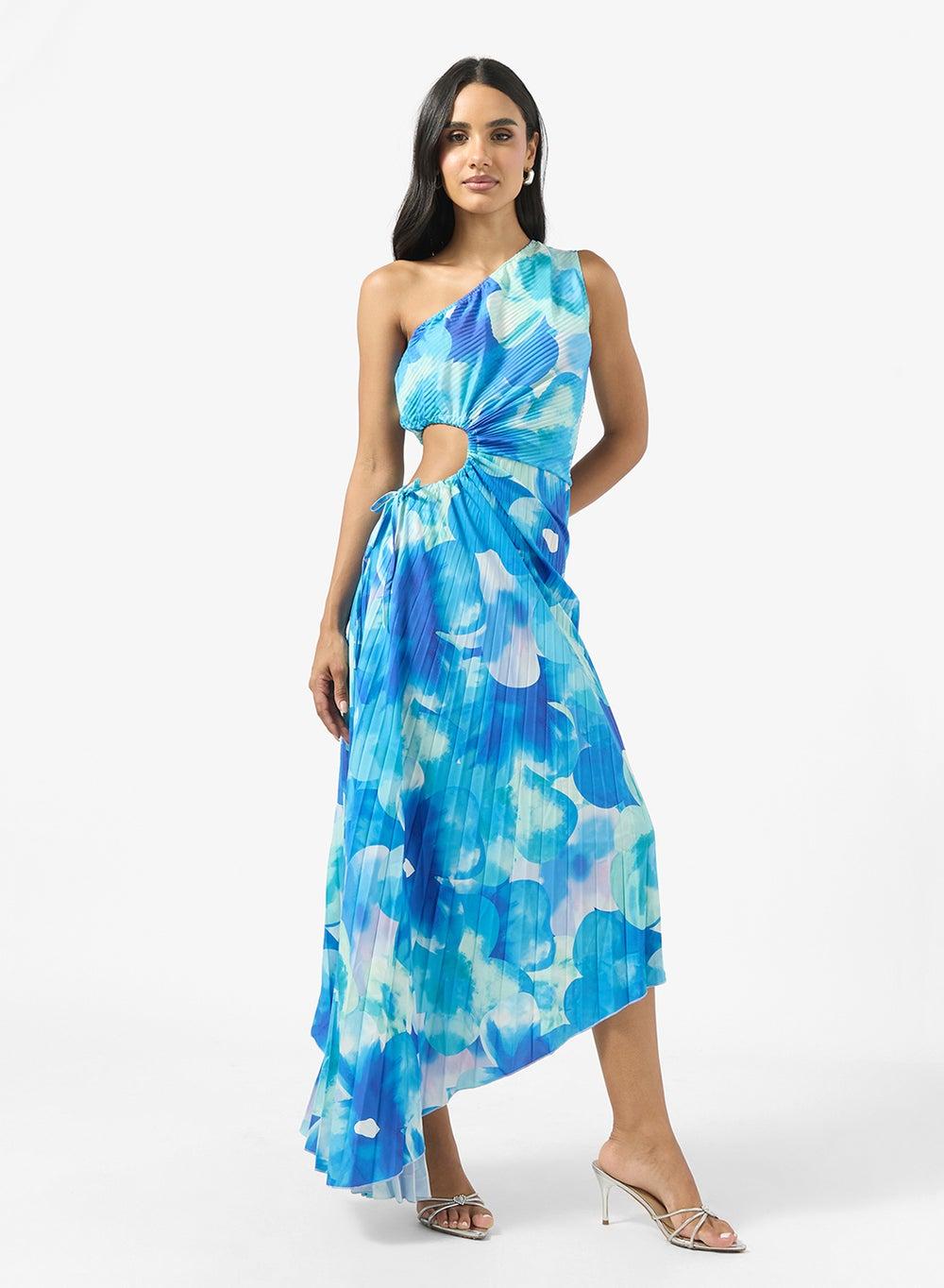 One Shoulder Blurred Floral Pleated Midi Dress - Image 1
