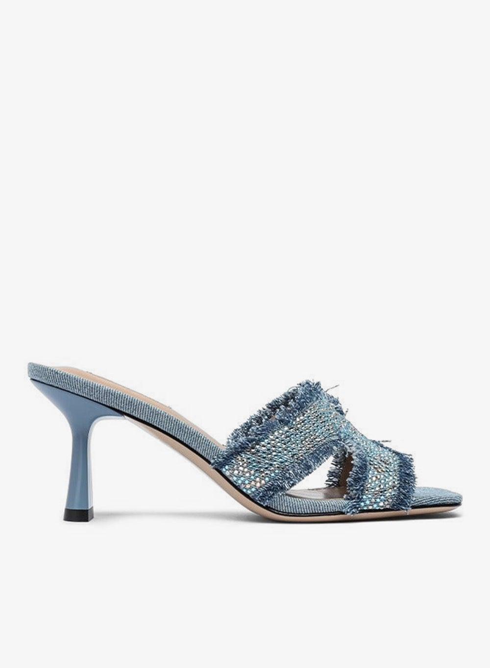 SALERNO Denim Gradient Fringe Mule Heeled Sandals - Image 1