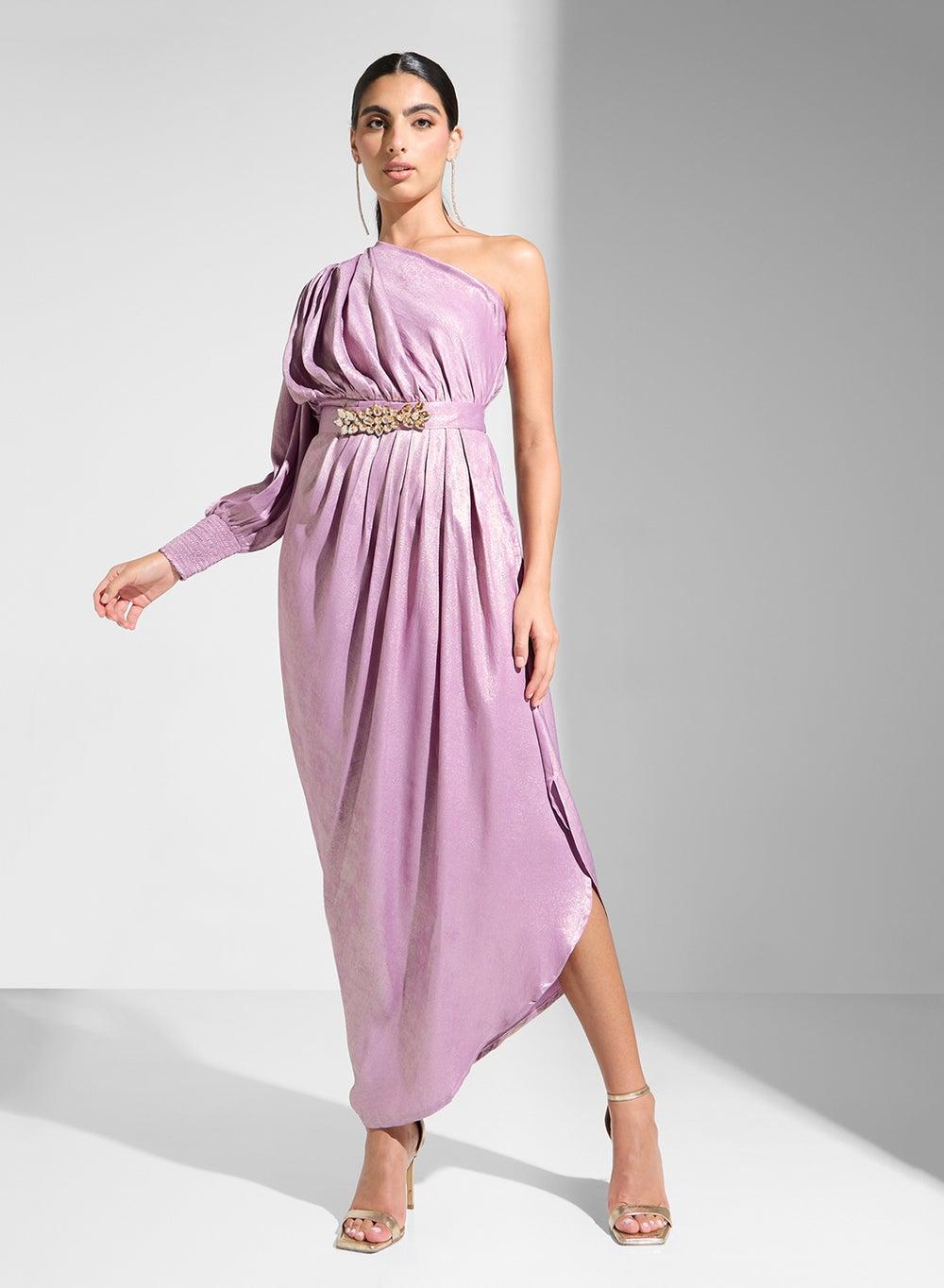 Lavender One-Shoulder Dress with Embellished Waist - Image 1