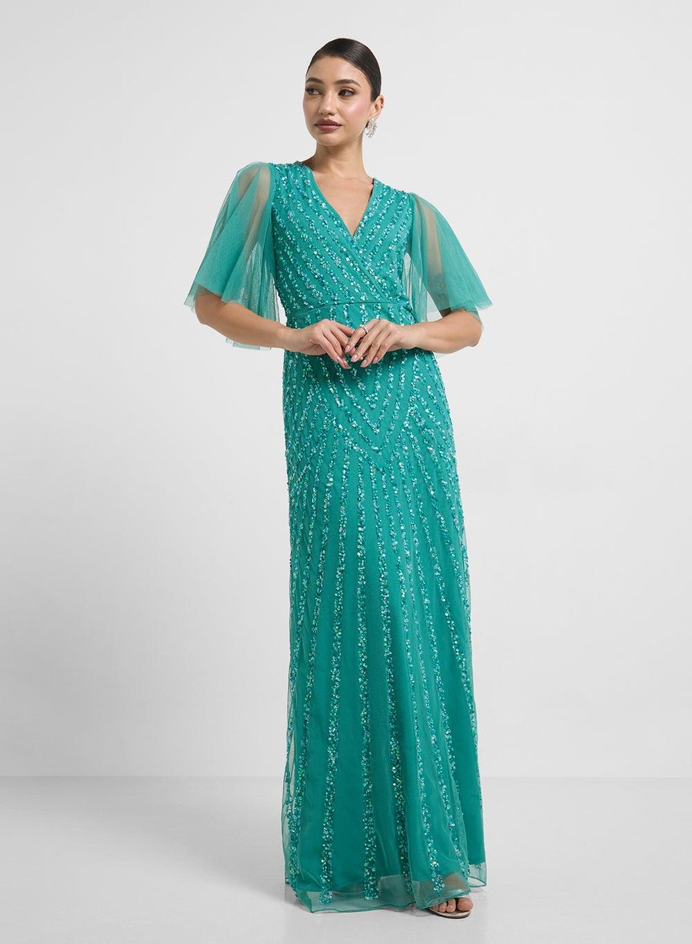 Teal Sequin V-Neck Floor-Length Evening Dress - Image 1