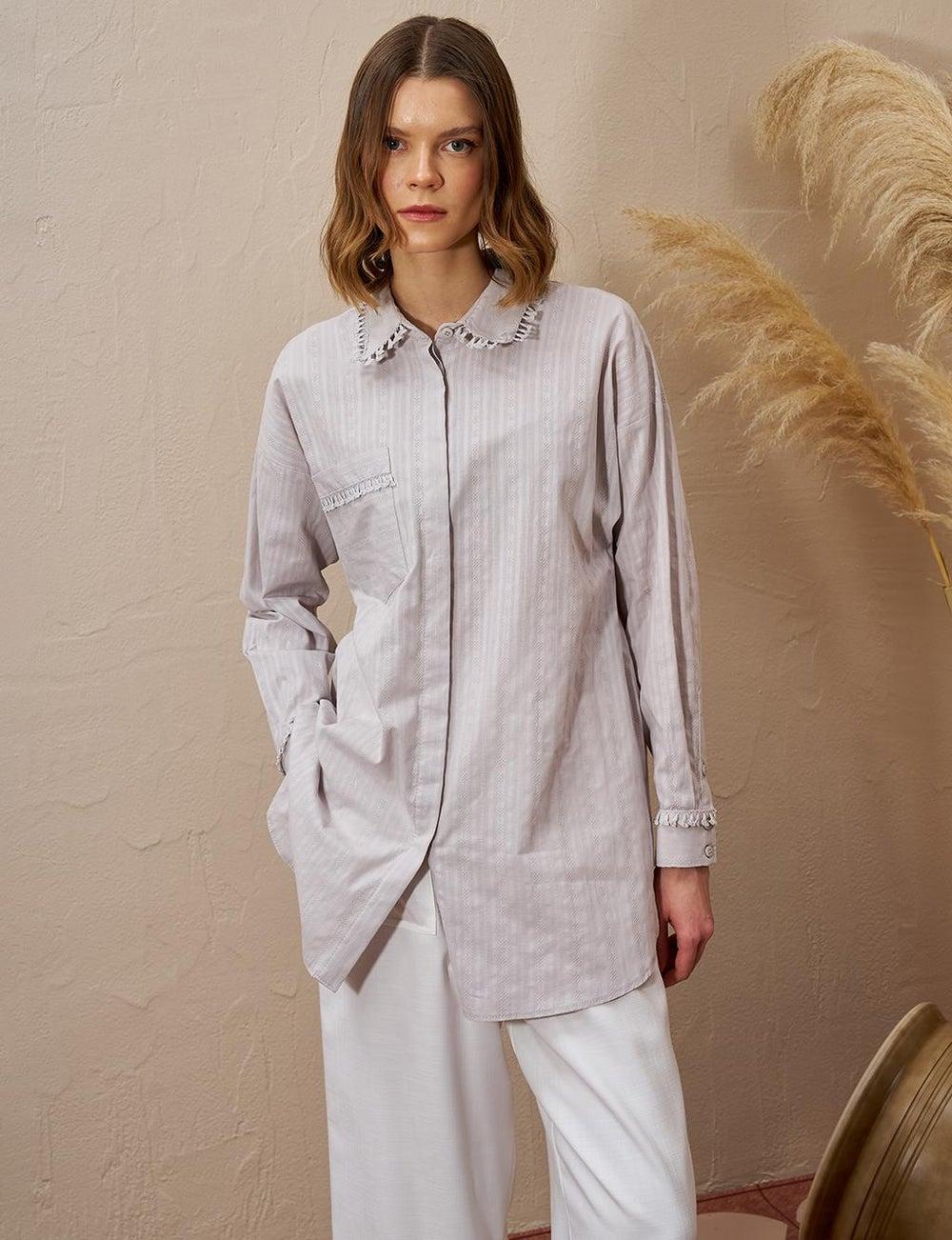 Light Gray Fringed Cotton Tunic with Tassel Collar - Image 1