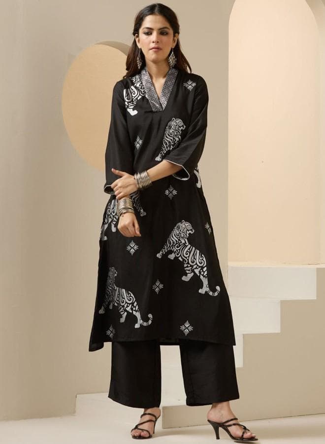 Black Embroidered Tunic Palazzo Kurta Set - Image 1