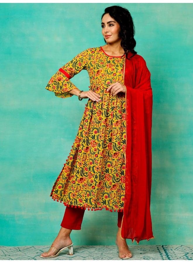 Yellow & Red Floral Anarkali Pant Set With Dupatta - Image 1