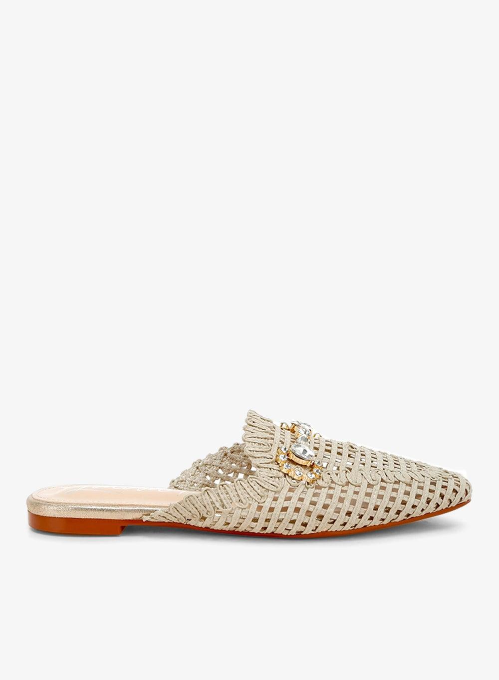 Beige Metallic Woven Diamante Flat Mules - Image 1