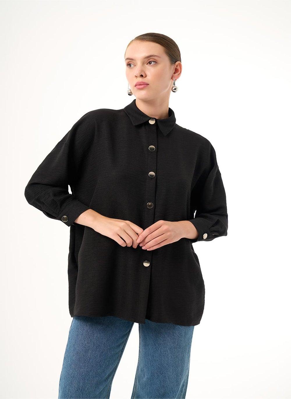 Black Linen Textured Over Tunic for Modest Styling - Image 1