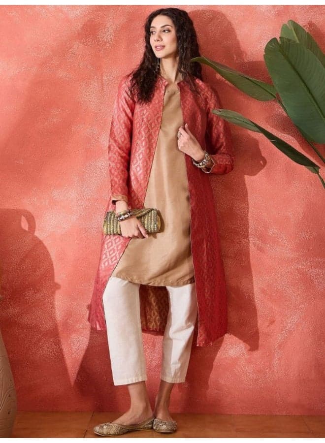 Pink Banarasi Brocade Jacket Dress for Festive Wear - Image 1