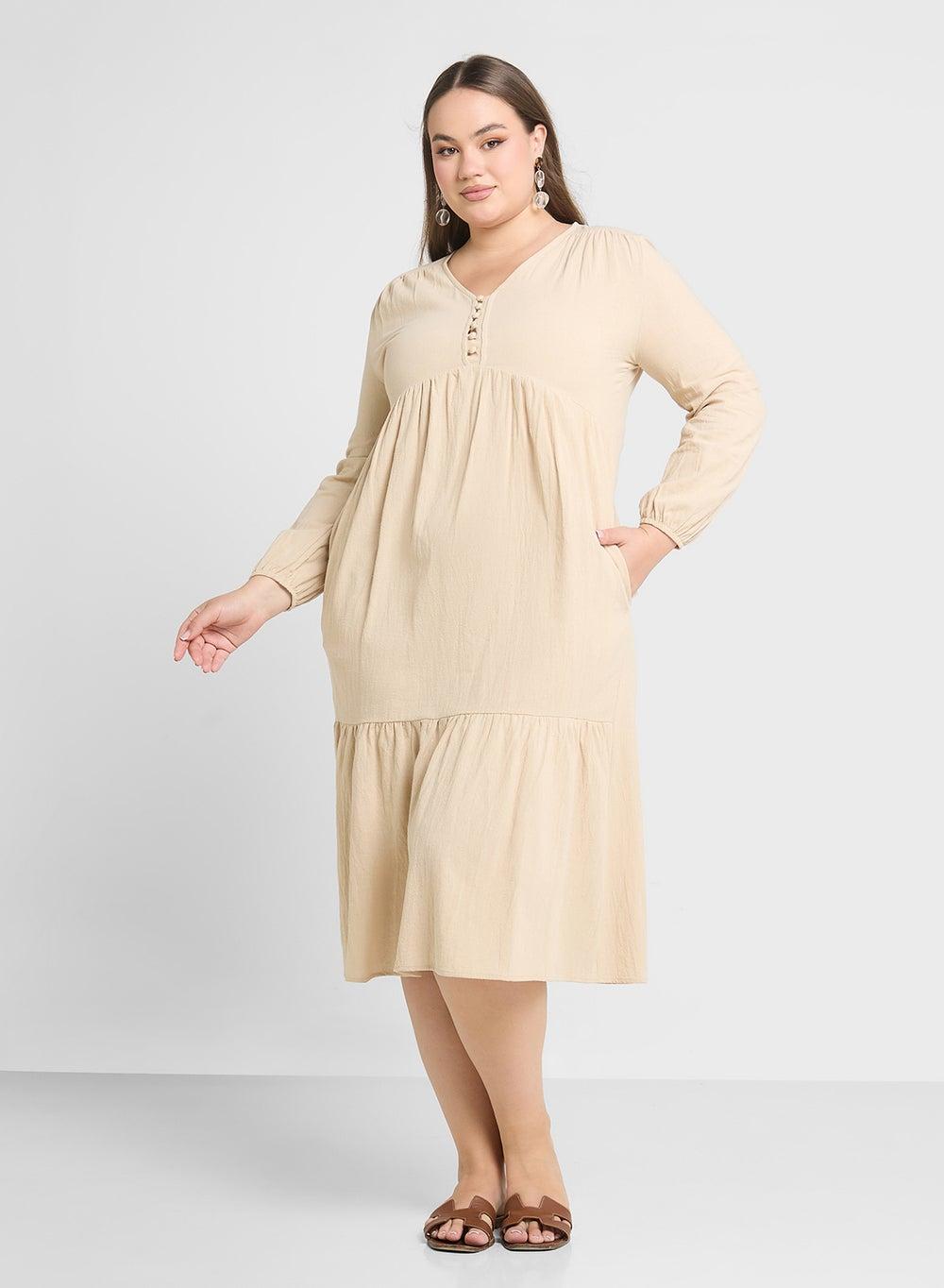 Tiered Cotton Midi Dress with V-Neck and Pockets - Image 1