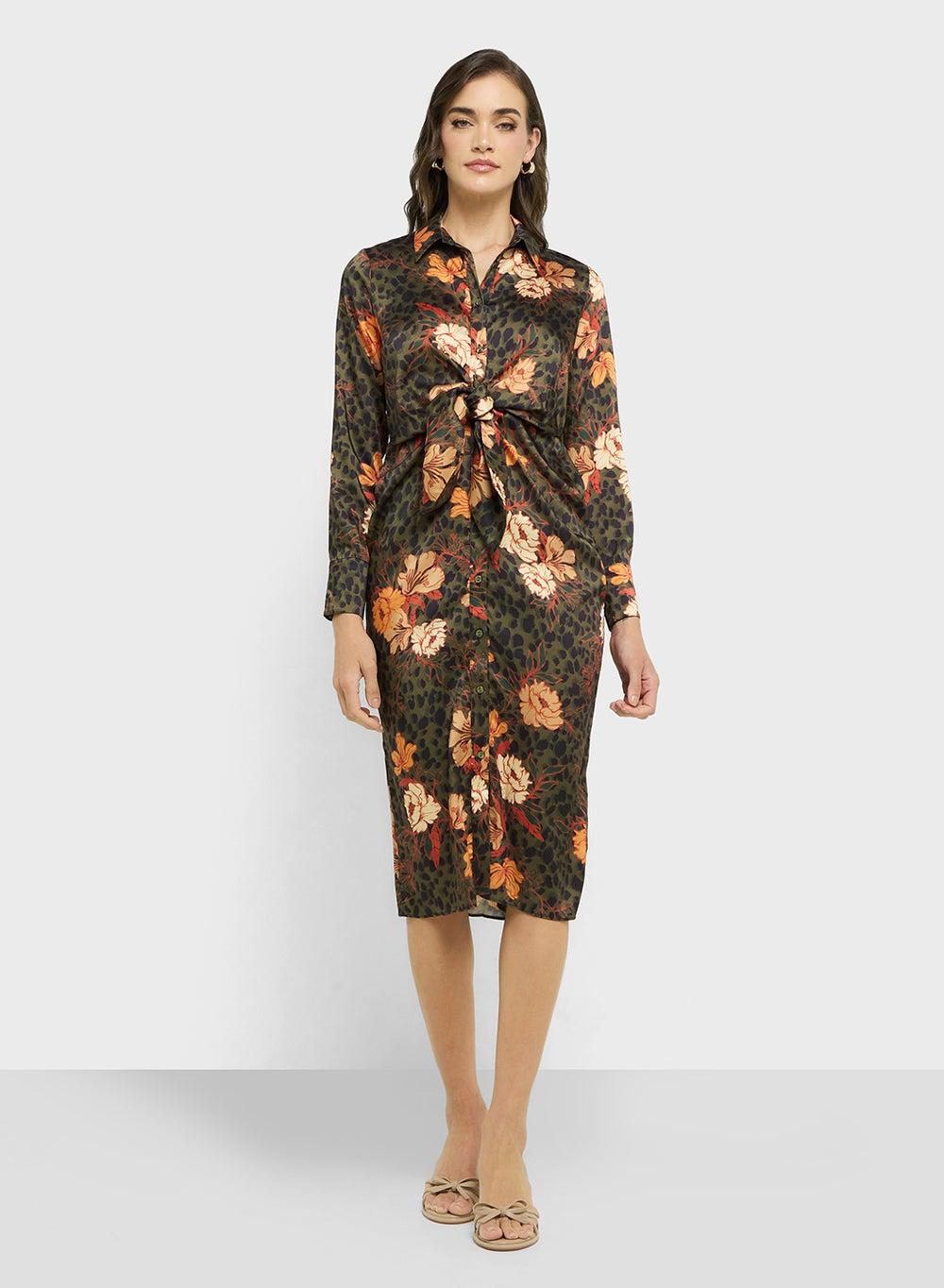 Floral Tie-Waist Midi Dress - Image 1