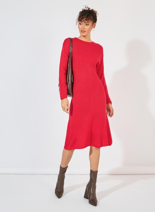 Red Knit Midi Dress with Long Sleeves - Image 1