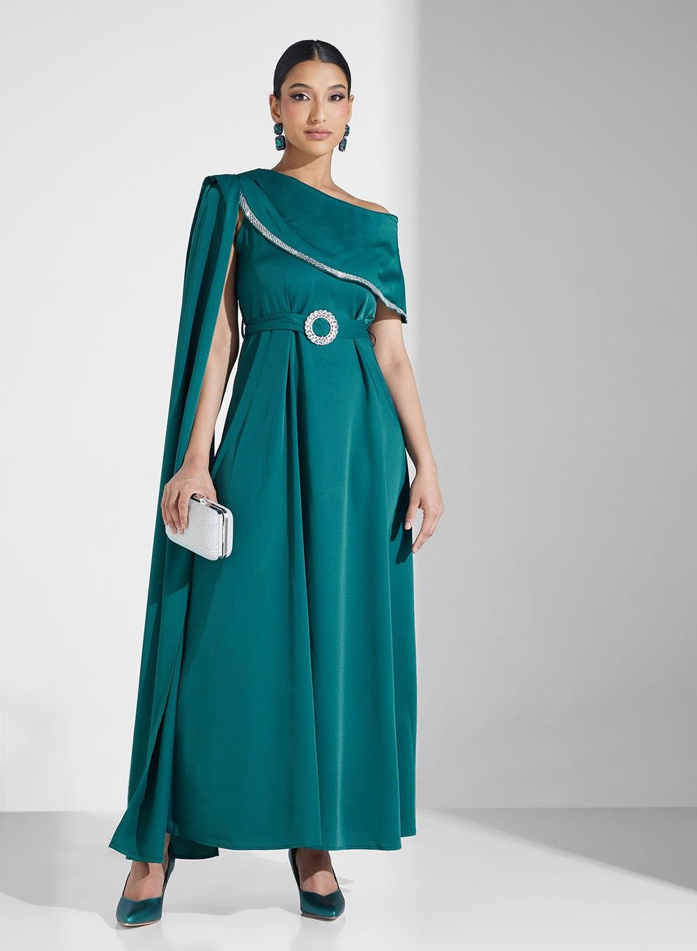 Emerald Evening Dress with Asymmetrical Neckline - Image 1