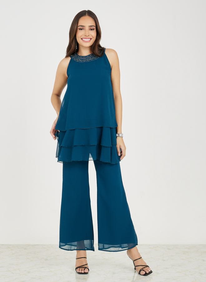Styli Layered Chiffon Sleeveless Co-Ord Set with Flared Pants - Image 1