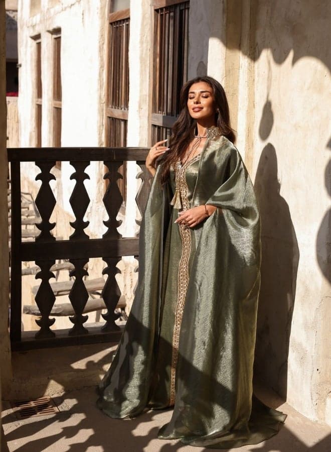 Malaki Olive Green Gold Embroidered Kaftan - Image 1