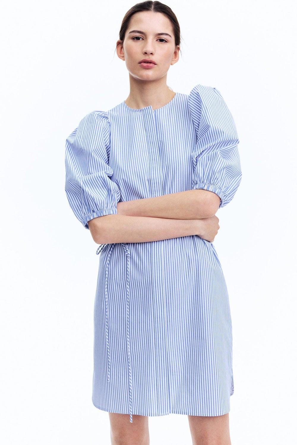 Puff-Sleeved Knee-Length Dress with Tie Belt - Image 1