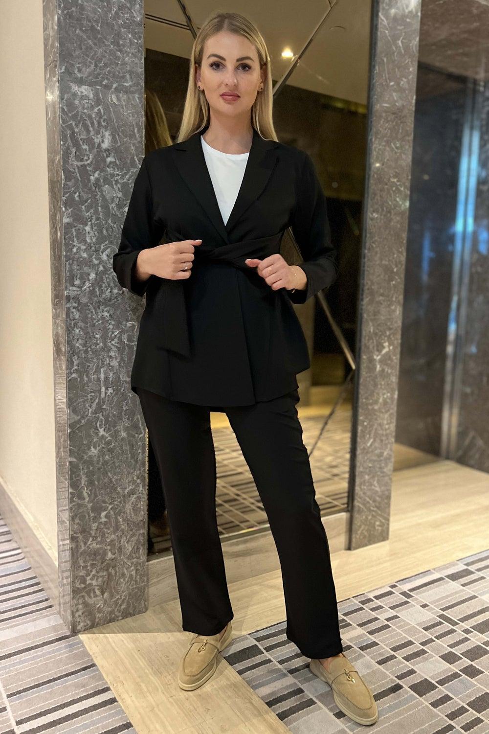 Tie Detailed Barbie Crepe Blazer and Pants Set - Image 1