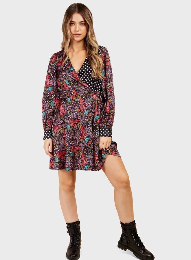 Floral Print Mini Dress with V-Neck and Polka Dot Details - Image 1