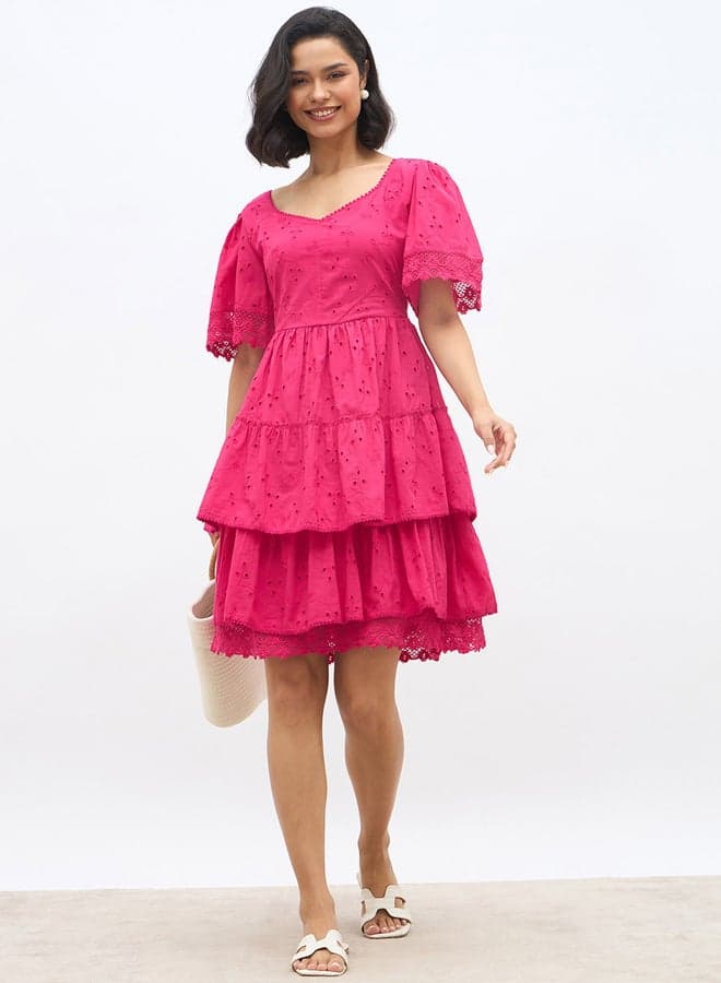 Schiffli Flared Sleeve Tiered Knee-Length Dress - Image 1