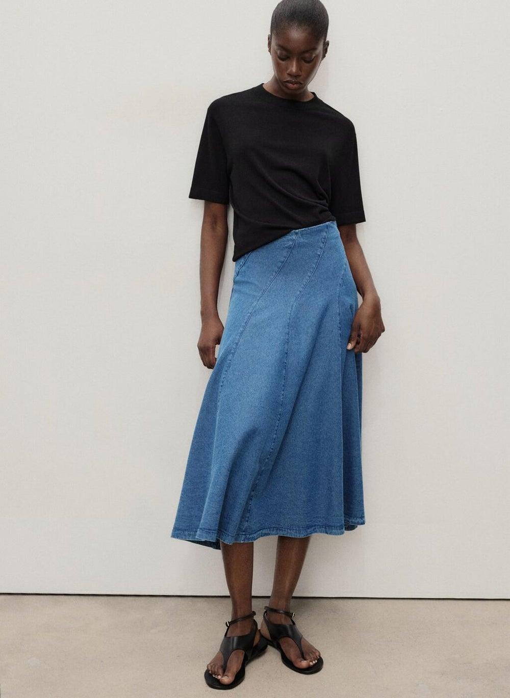Denim Midi Skirt with Stitching - Image 1