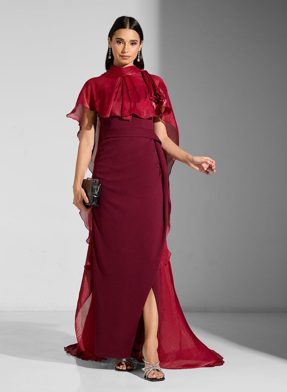 Burgundy Ruffled Chiffon Gown with Front Slit - Image 1