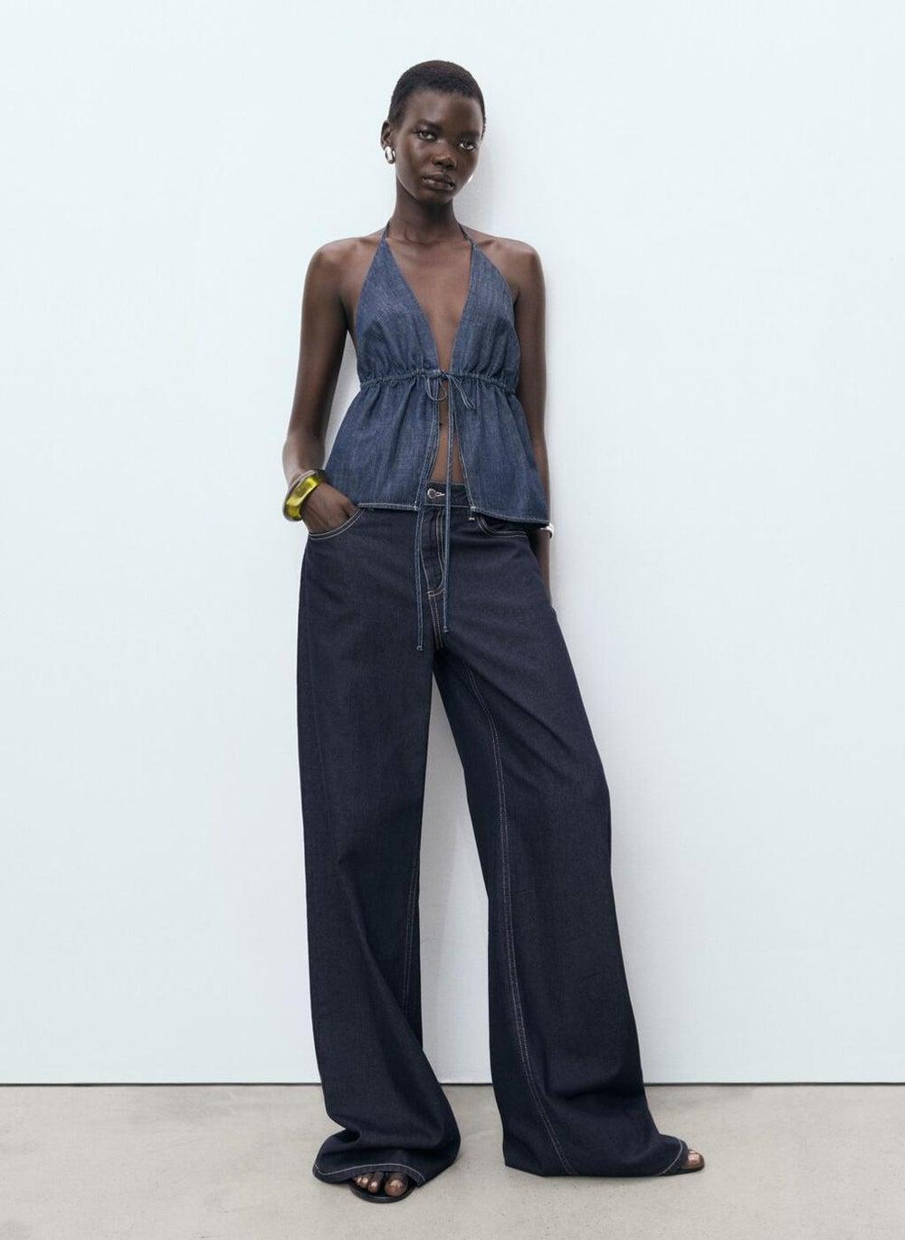 V-Neck Denim Top with Bow - Image 1