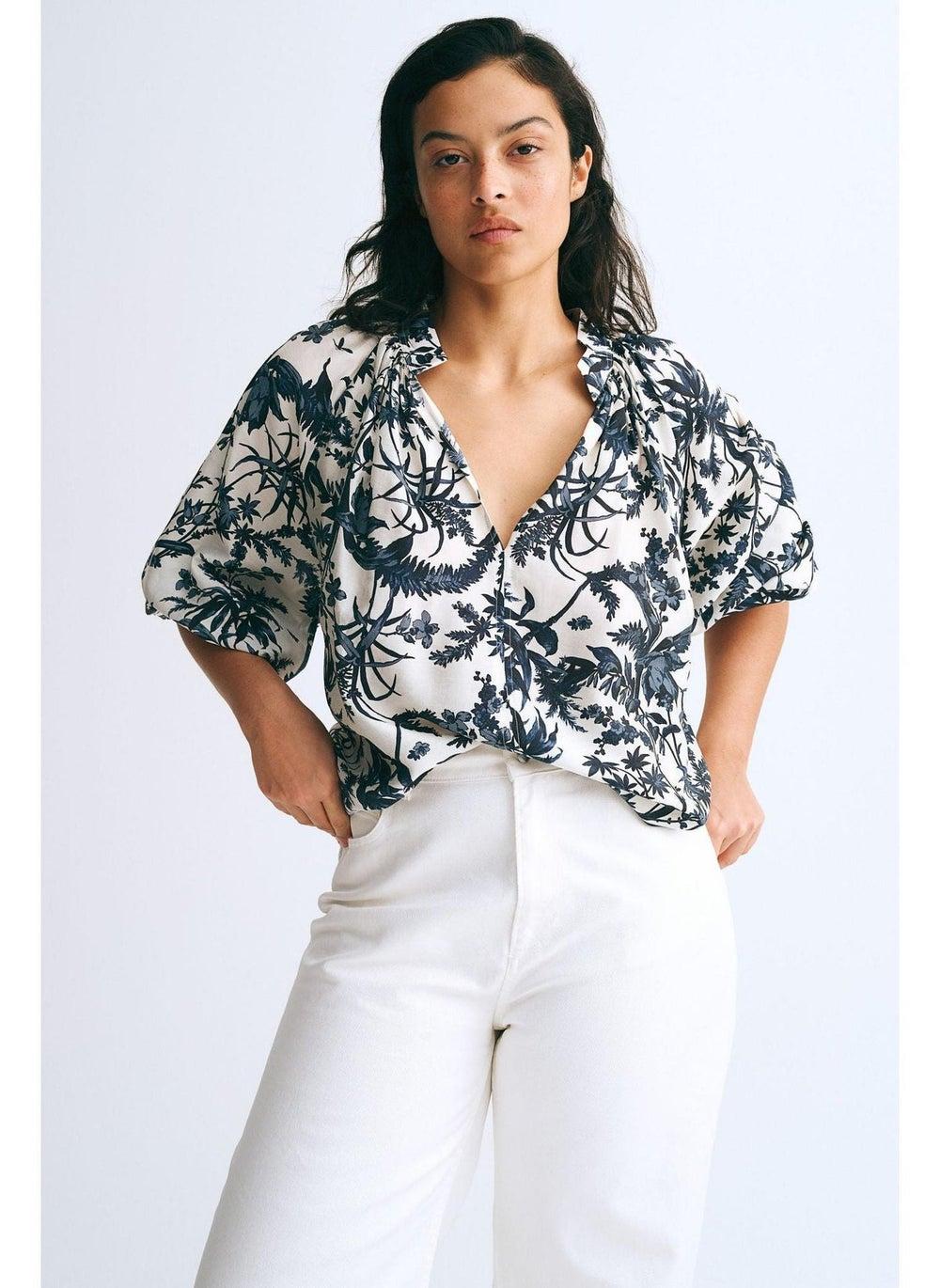 Oversized Blouse with Gathered Collar and Balloon Sleeves - Image 1