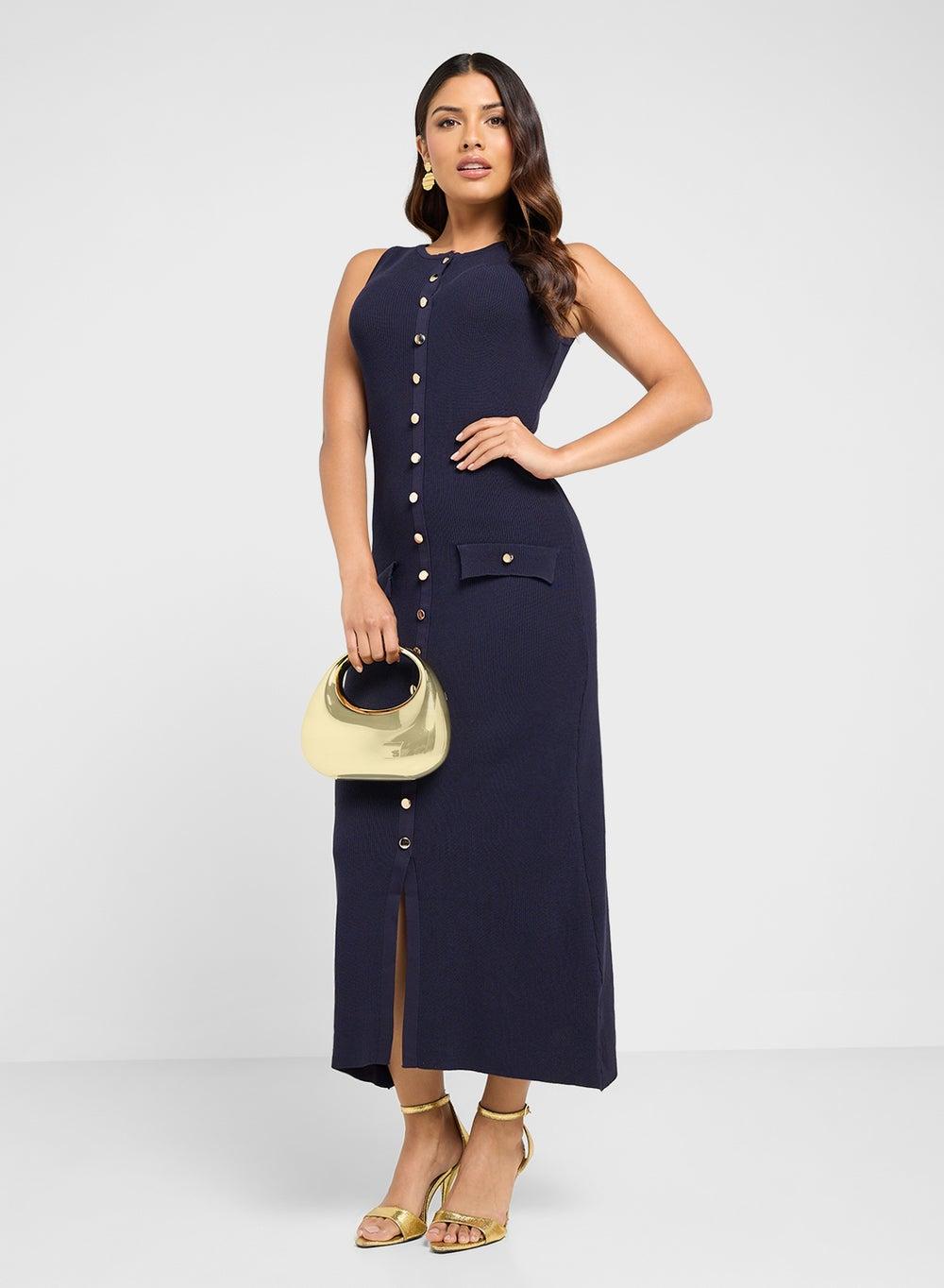 Ribbed Navy Button-Up Midi Dress - Image 1
