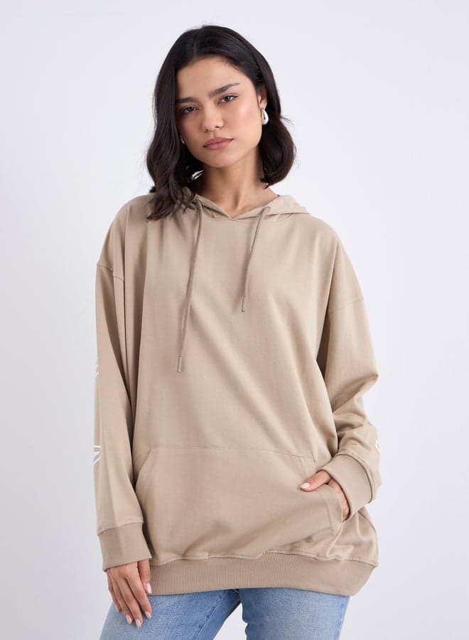 Styli Tan Graphic Print Longline Oversized Hoodie - Image 1