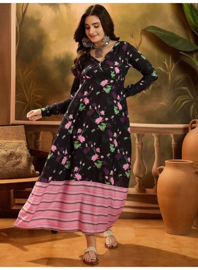 Black Digital Print Floral Maxi Dress - Image 1