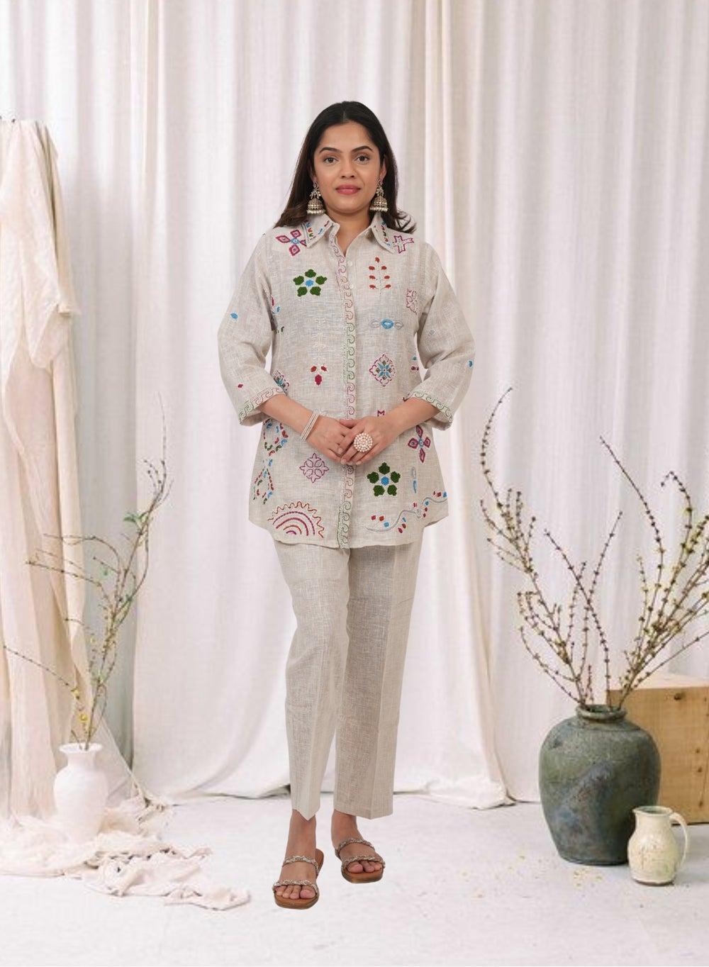 Beige Multicolor Embroidered Cotton Linen Kurta Set - Image 1