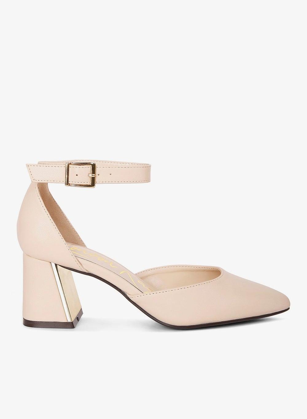 Beige Faux Leather Metallic Accent Block Heel Sandals - Image 1