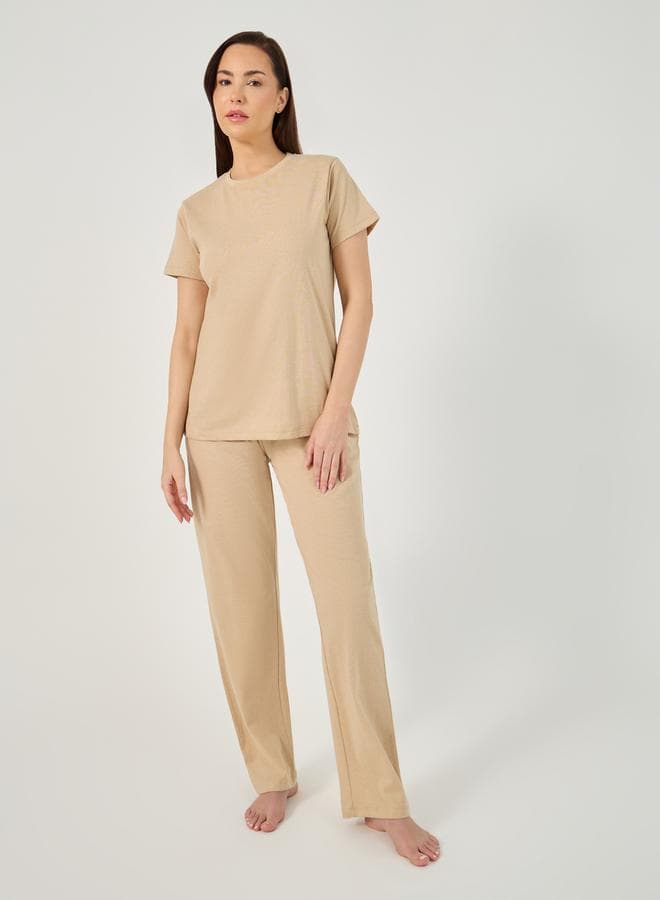 Solid Round Neck T-Shirt Pyjama Set for Women - Image 1