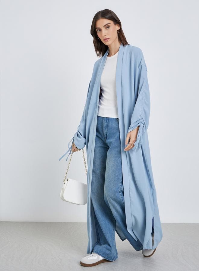 Solid Ruched Sleeve Front Open Kimono - Image 1