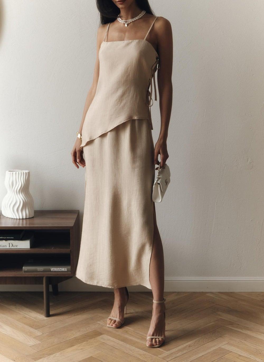 Textured Straight Maxi Skirt with Side Slits - Image 1