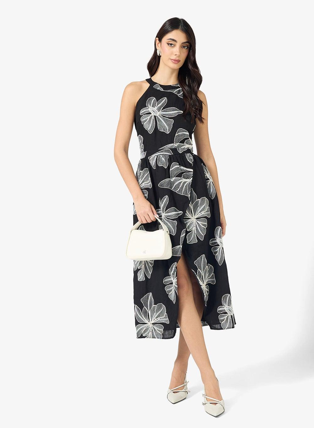 Floral Embroidered Halter Neck Midi Dress - Image 1
