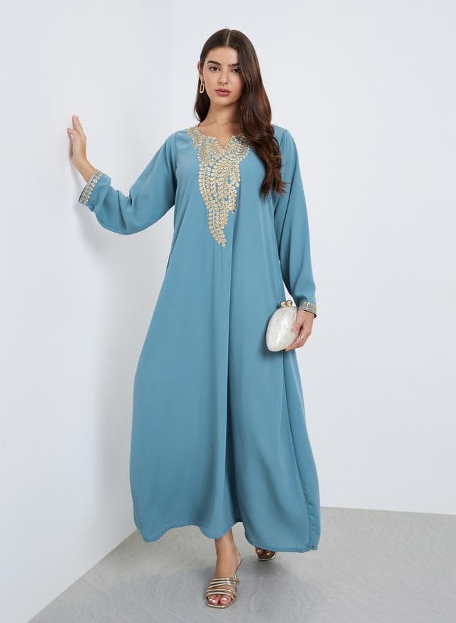 Blue Embroidered A-Line Jalabiya by Styli - Image 1