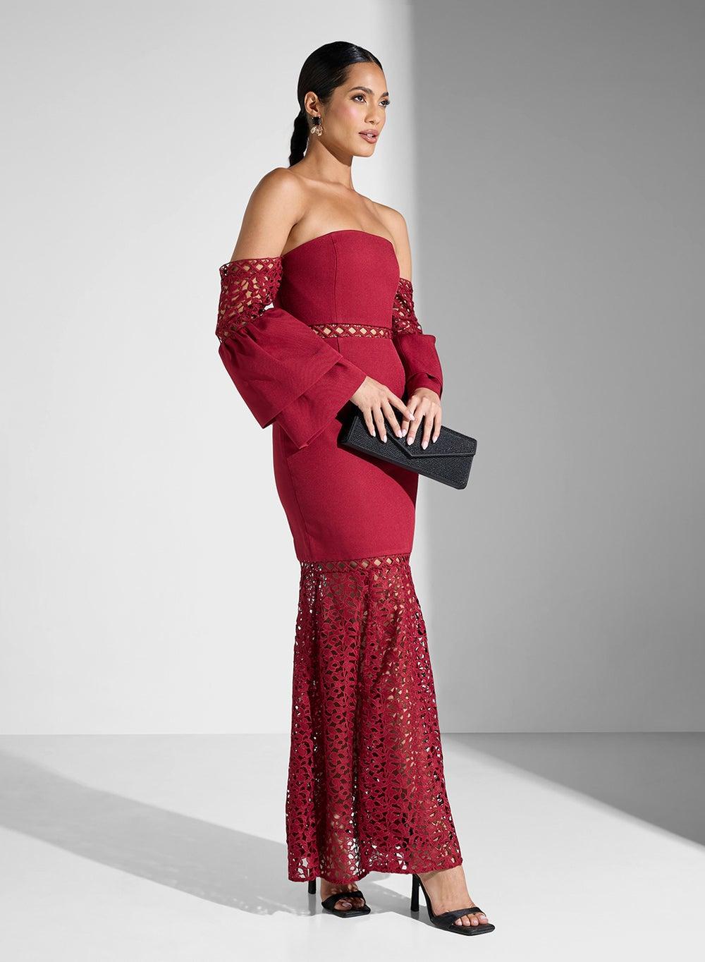 Crimson Off-Shoulder Lace Maxi Dress - Image 1