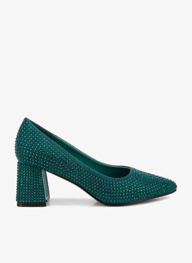 Bottle Green Rhinestone Embellished Block Heel Pumps - Image 1