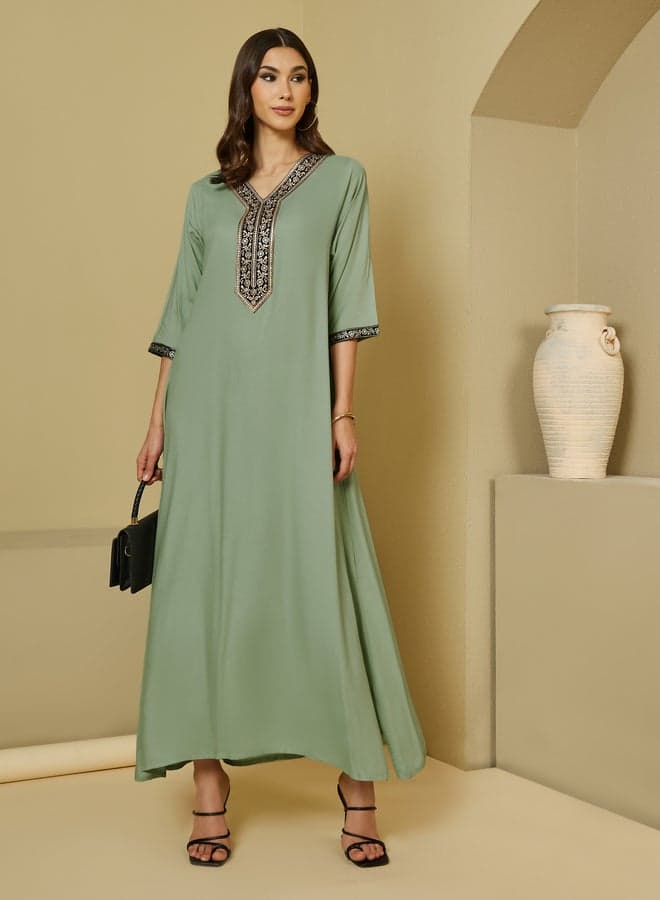 Styli Embroidered V Neck Jalabiya with 3/4 Sleeves - Image 1