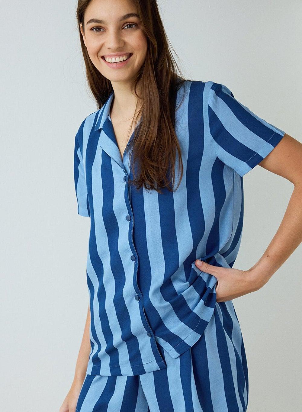 Blue Striped Shirt Collar Short Sleeve Pyjama Set - Image 1