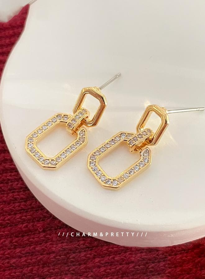 Take Two Gold Square Hollow Embellished Earrings - Image 1