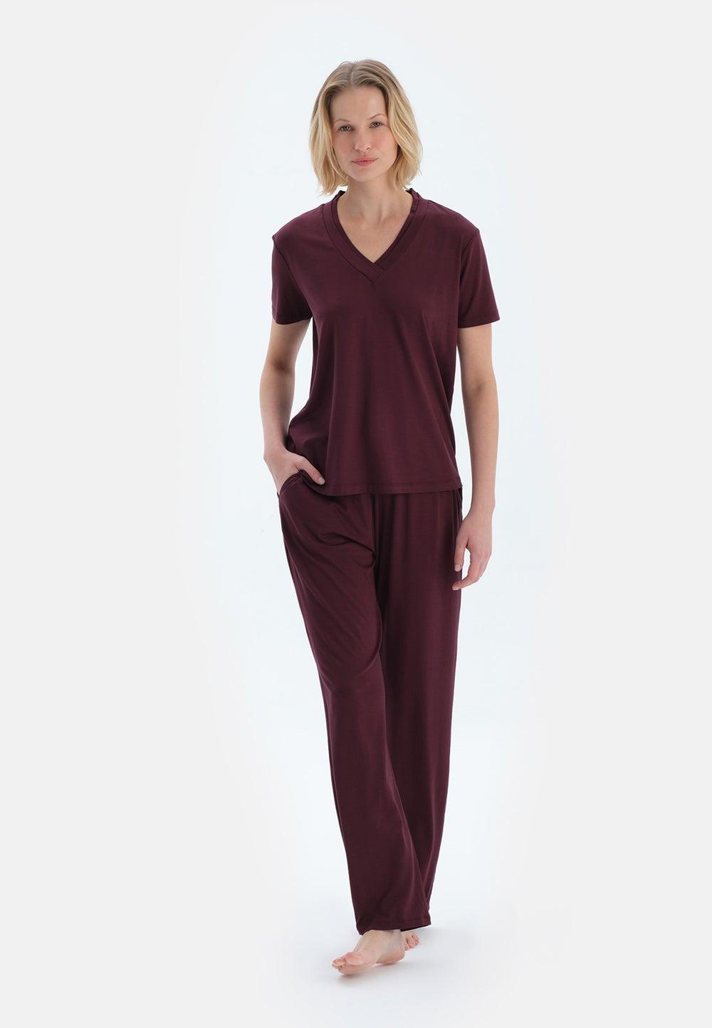 Bordeaux V Neck Cotton Blend Long Pajama Set - Image 1