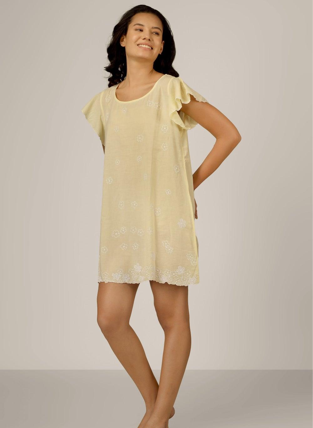 Minnie Embroidered Lemon Cotton Nightie Dress - Image 1