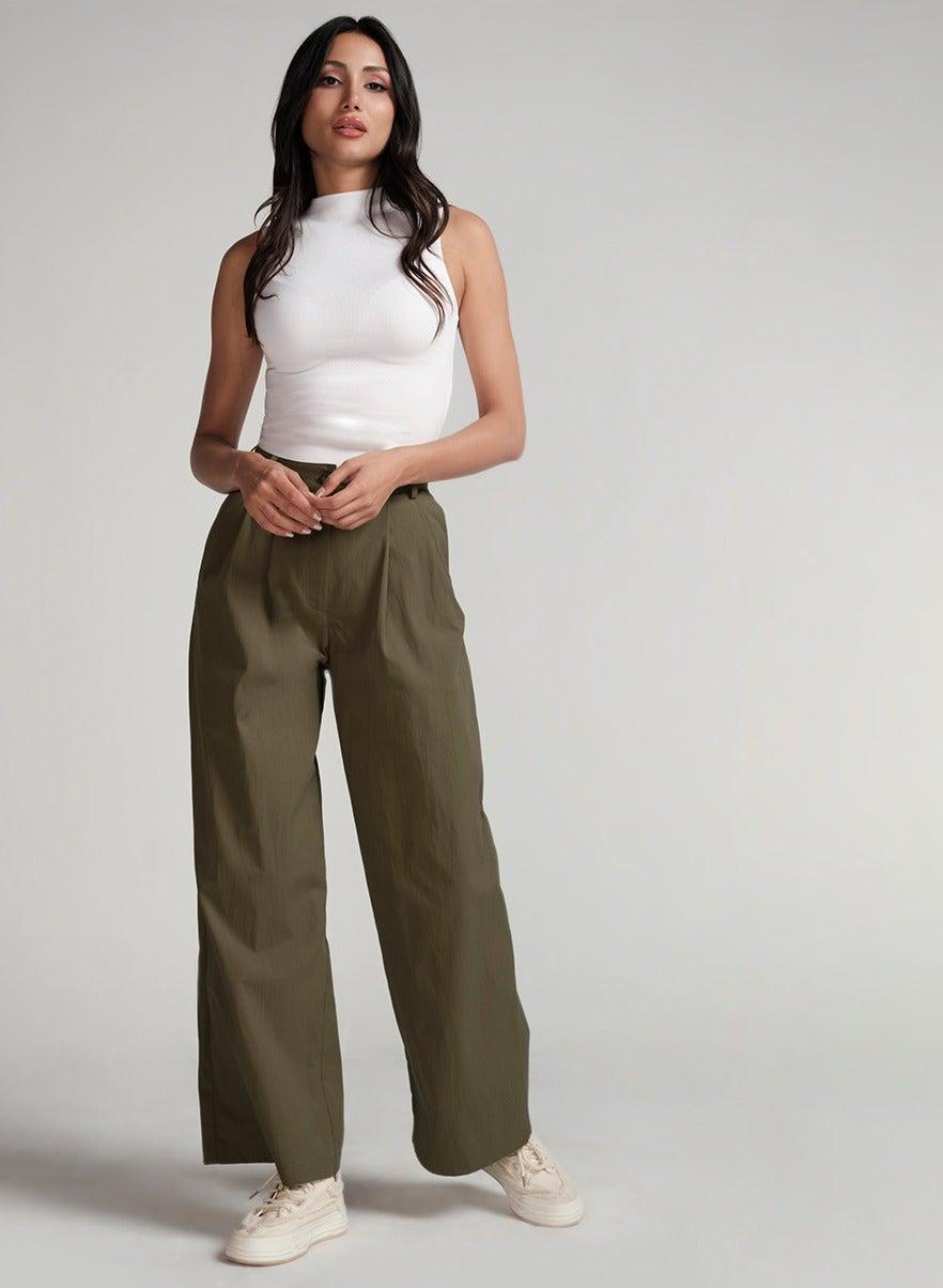 Flared Comfy Side Pocket Green Pant - Image 1