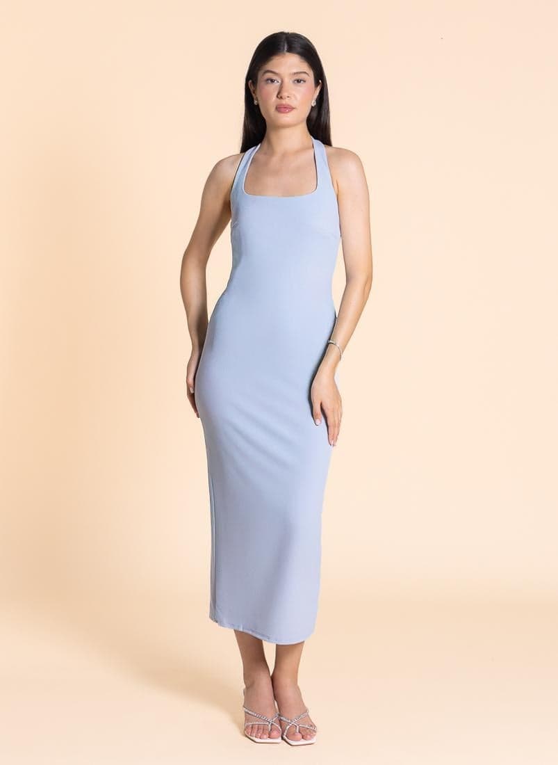 Square Neck Light Blue Midi Dress - Image 1