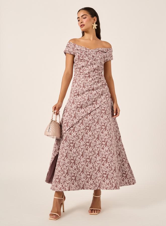 Mauve Floral Off-Shoulder Midi Dress - Image 1