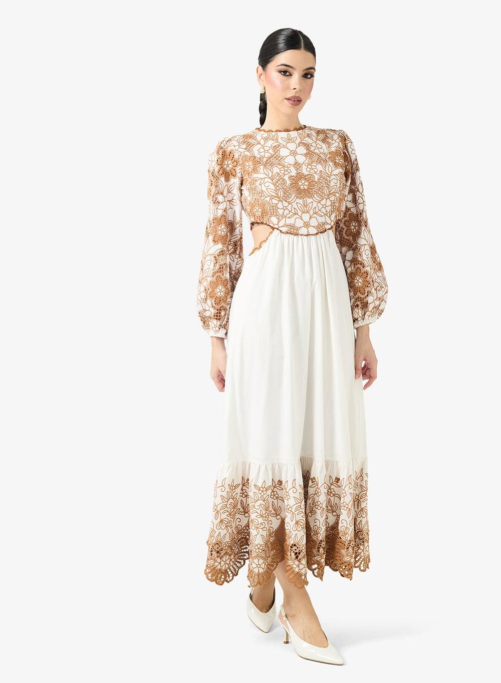 Floral Embroidered Midi Dress with Cut-Out Waist - Image 1