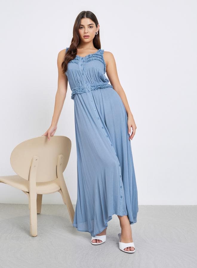 Styli Crinkled Rayon Blue Strappy Maxi Dress - Image 1