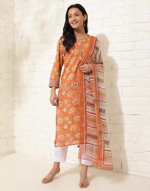 Avni Orange Cotton Printed Kurta & Dupatta Set - Image 1