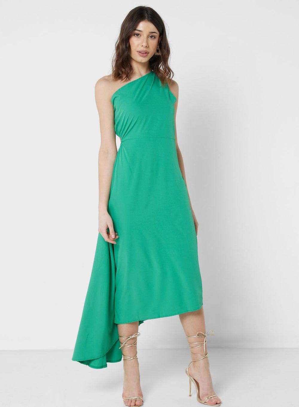 Bright Green Asymmetric Hem One Shoulder Midi Dress - Image 1