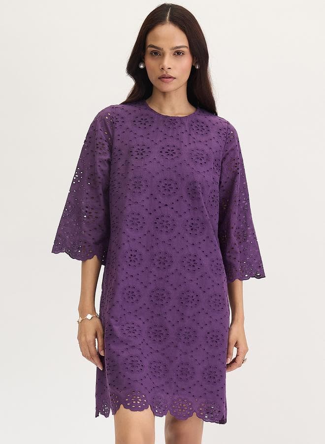 Femmella Purple Cotton Schiffli Knee Length Dress - Image 1