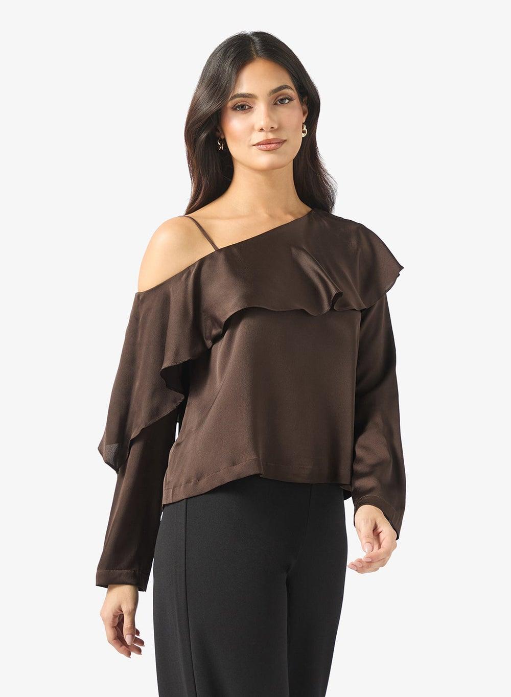 Asymmetrical Off Shoulder Ruffle Long Sleeve Top - Image 1